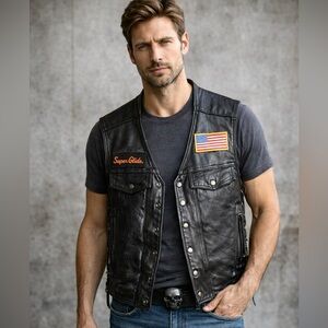 Jamin Leather Motorcycle Biker Vest Men’s Small Lace Side USA Flag Super Glide